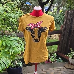 Yellow Graphic Tee with Cow Print